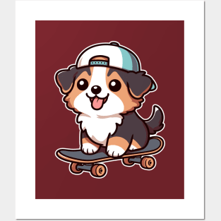 Australian Shepherd Puppy Skater Kawaii Skateboarding Dog Posters and Art